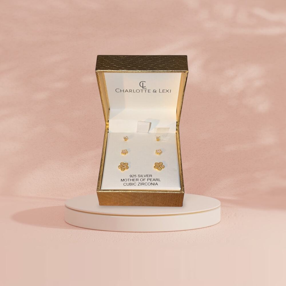 Charlotte & Lexi 925 Silver Butterfly Stud Earrings Mother of Pearl CZ New